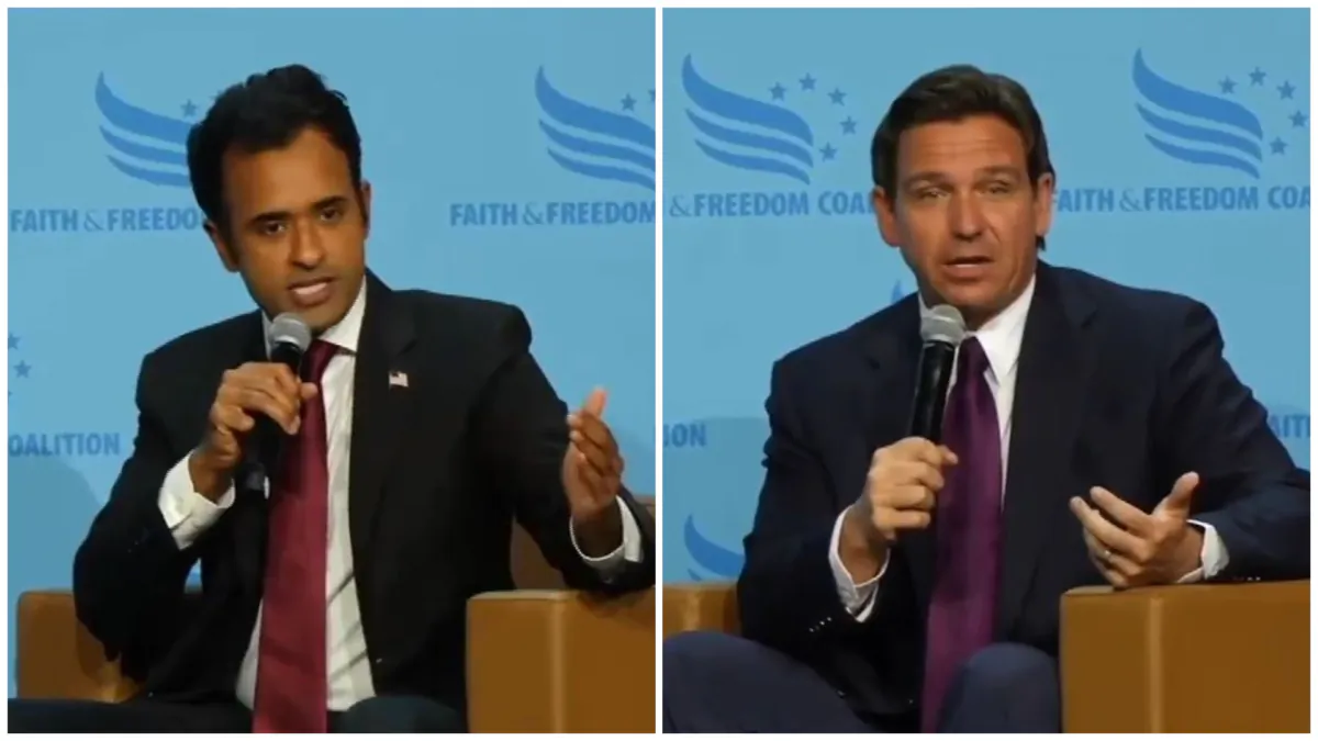 In this combination photo, GOP presidential candidates Vivek Ramaswamy (Left) and Florida Gov. Ron DeSantis (Right) speak at a town hall held by Iowa Faith & Freedom Coalition in Des Moines, Iowa, on Sept. 16, 2023, in stills from video. (NTD)