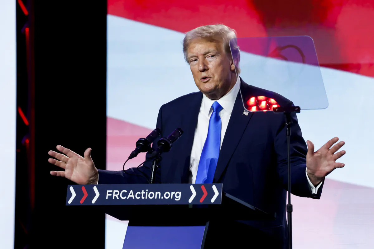 Republican presidential candidate and former President Donald Trump speaks at the Pray Vote Stand Summit at the Omni Shoreham Hotel in Washington on Sept. 15, 2023. (Anna Moneymaker/Getty Images)