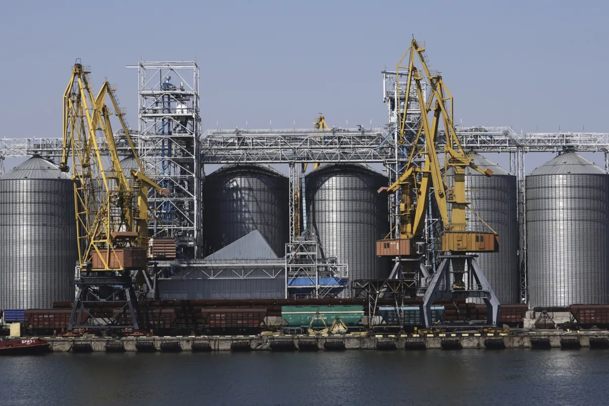Exterior view of the grain storage terminal during visit of United Nations Secretary General Antonio Guterres at the Odesa Sea Port, in Odesa, Ukraine, on Aug. 19, 2022. (Kostiantyn Liberov/AP Photo)