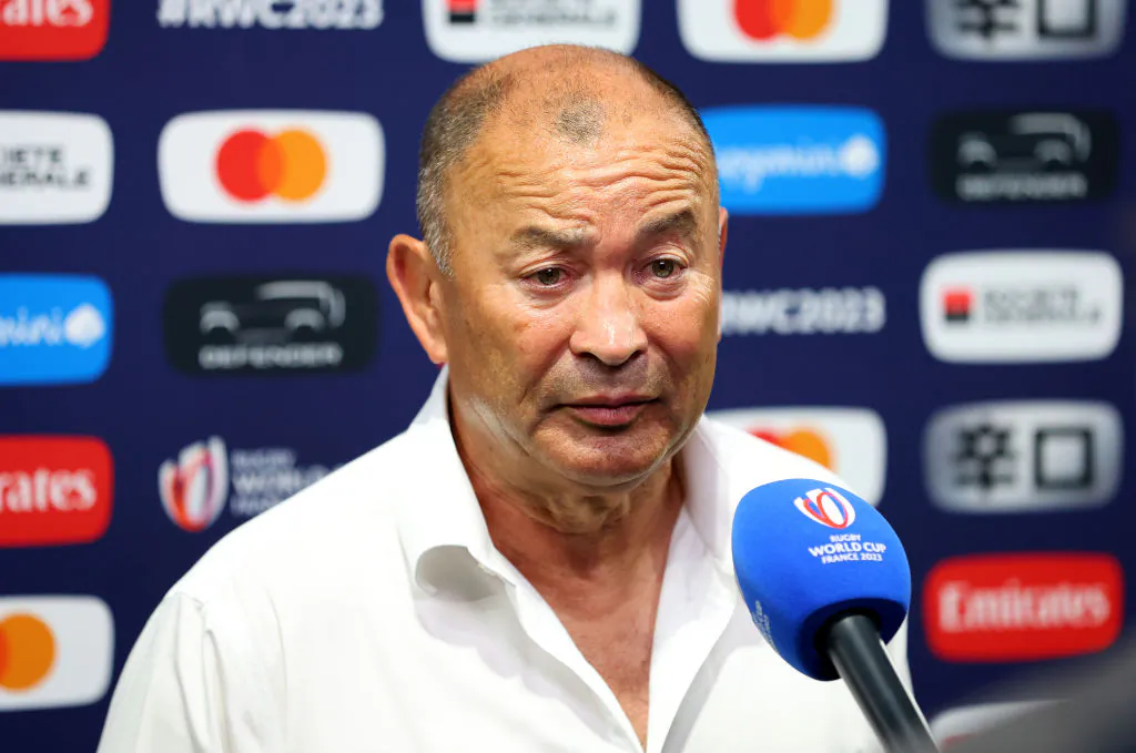Eddie Jones, head coach of Australia, speaks to the media at full-time following the Rugby World Cup France 2023 match between Australia and Fiji at Stade Geoffroy-Guichard in Saint-Etienne, France on Sept. 17, 2023. (Chris Hyde/Getty Images)