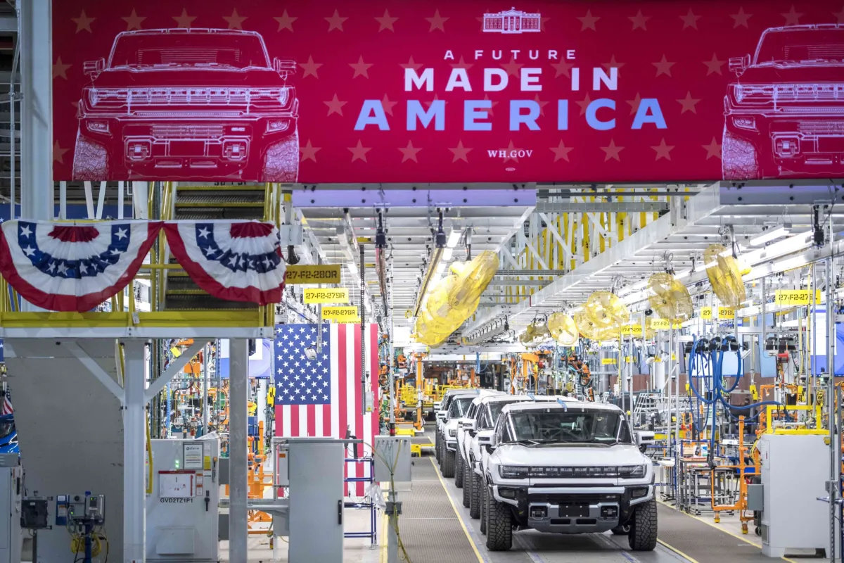 A general view of GMC Hummer EVs is pictured at General Motors' Factory ZERO electric vehicle assembly plant in Detroit, Mich., on Nov. 17, 2021. (Nic Antaya/Getty Images)