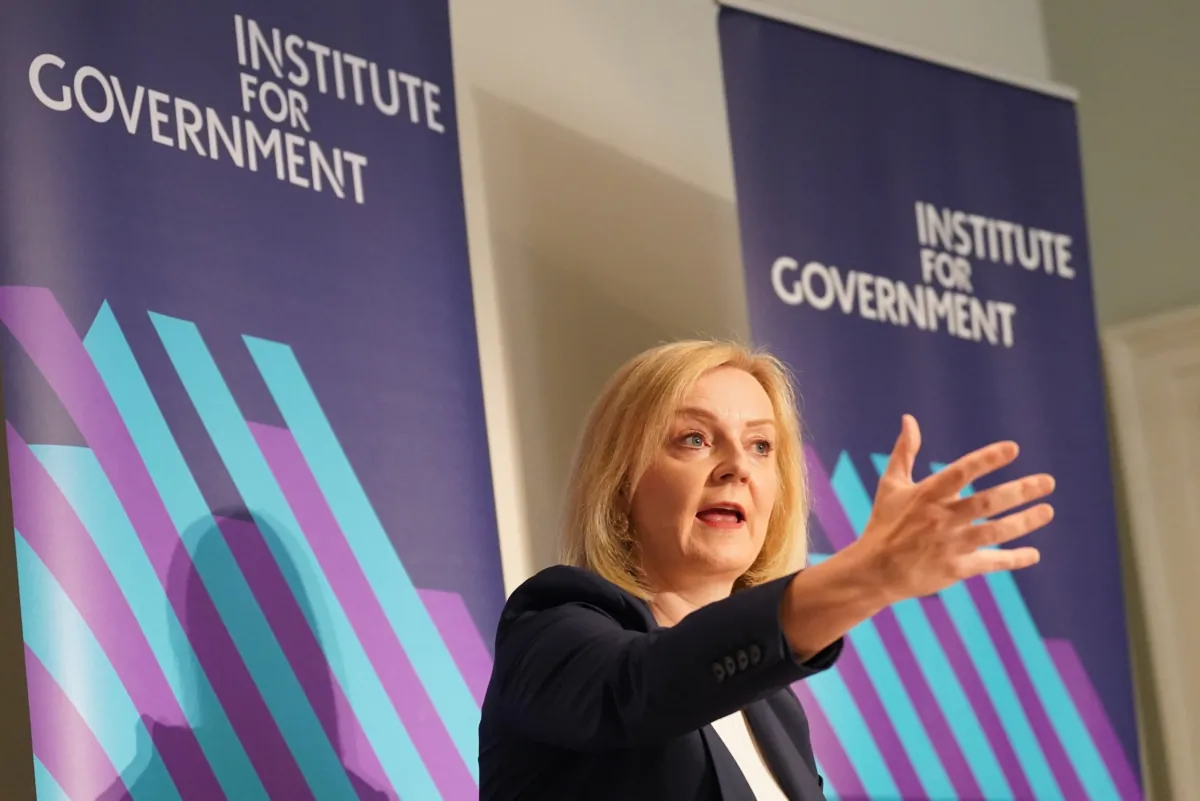 Liz Truss gives a speech on the economy at the Institute for Government in London. Taken on September 18, 2023. (Stefan Rousseau/PA Wire)