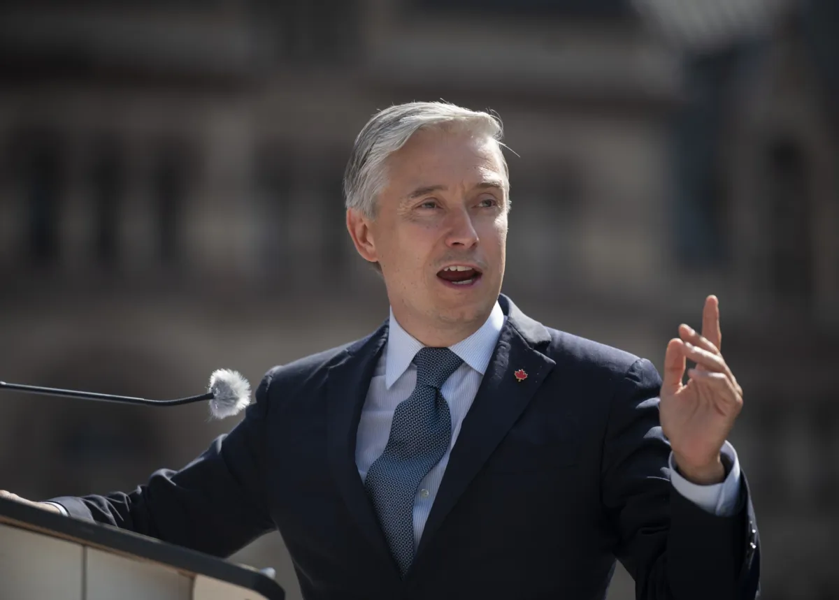 François-Philippe Champagne, Minister of Innovation, Science and Industry, announces that wireless service will soon be available to all Toronto subway riders, at City Hall on Sept. 11, 2023. (The Canadian Press/Tijana Martin)