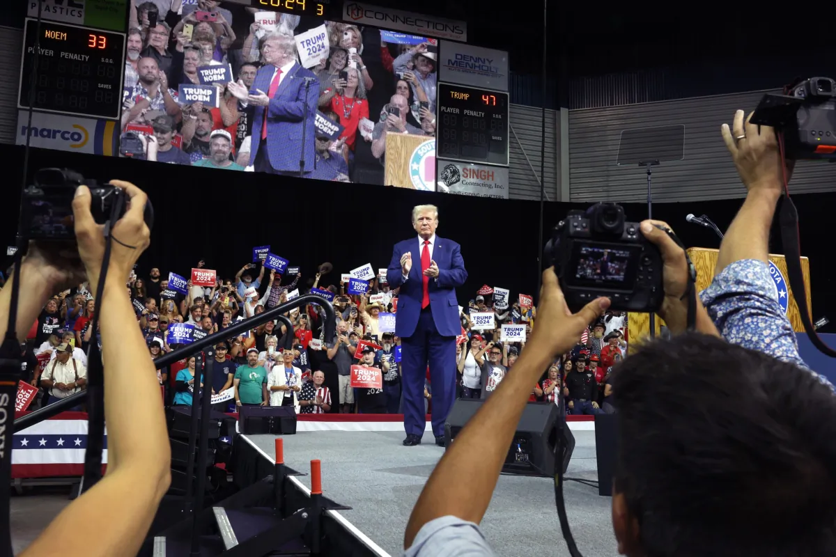 Former President Donald Trump arrives at the Monument Leaders Rally hosted by the South Dakota Republican Party in Rapid City, S.D., on Sept. 8, 2023. (Scott Olson/Getty Images)