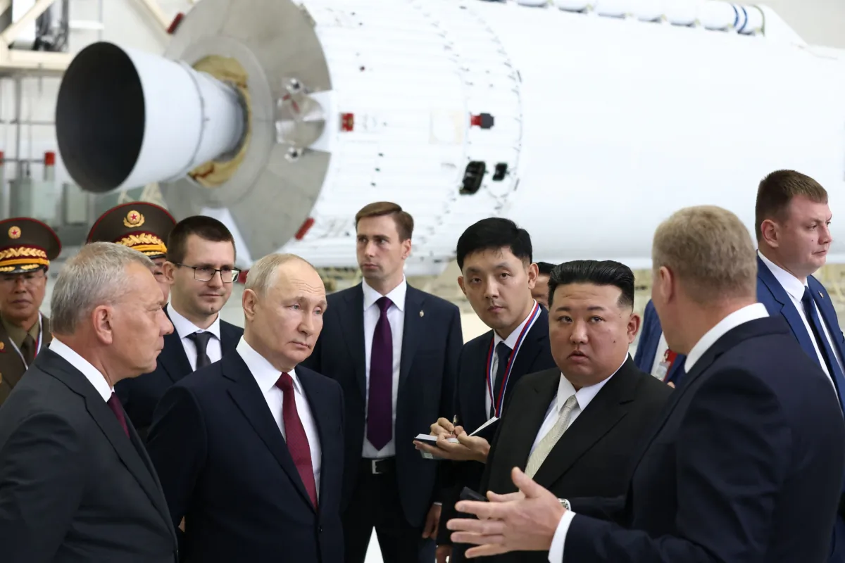 Russia's President Vladimir Putin (centre L) and North Korea's leader Kim Jong Un (centre R) visit the Vostochny Cosmodrome in Amur region on Sept. 13, 2023. (Vladimir Smirnov/POOL/AFP via Getty Images)