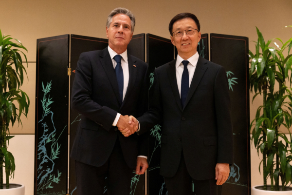 Secretary of State Antony Blinken and Chinese Vice President Han Zheng shake hands while posing for photos, in New York on Sept. 18, 2023. (Julia Nikhinson/Pool via Reuters)