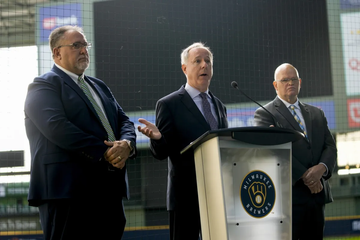 Wisconsin Speaker of the Assembly Robin Vos is flanked by State Rep. Robert Brooks (L) and State Senator Dan Feyen as they unveil a stadium repair funding plan aimed at keeping the Milwaukee Brewers in Milwaukee at a news conference at American Family Field in Milwaukee on Sept. 18, 2023. (Morry Gash/AP Photo)