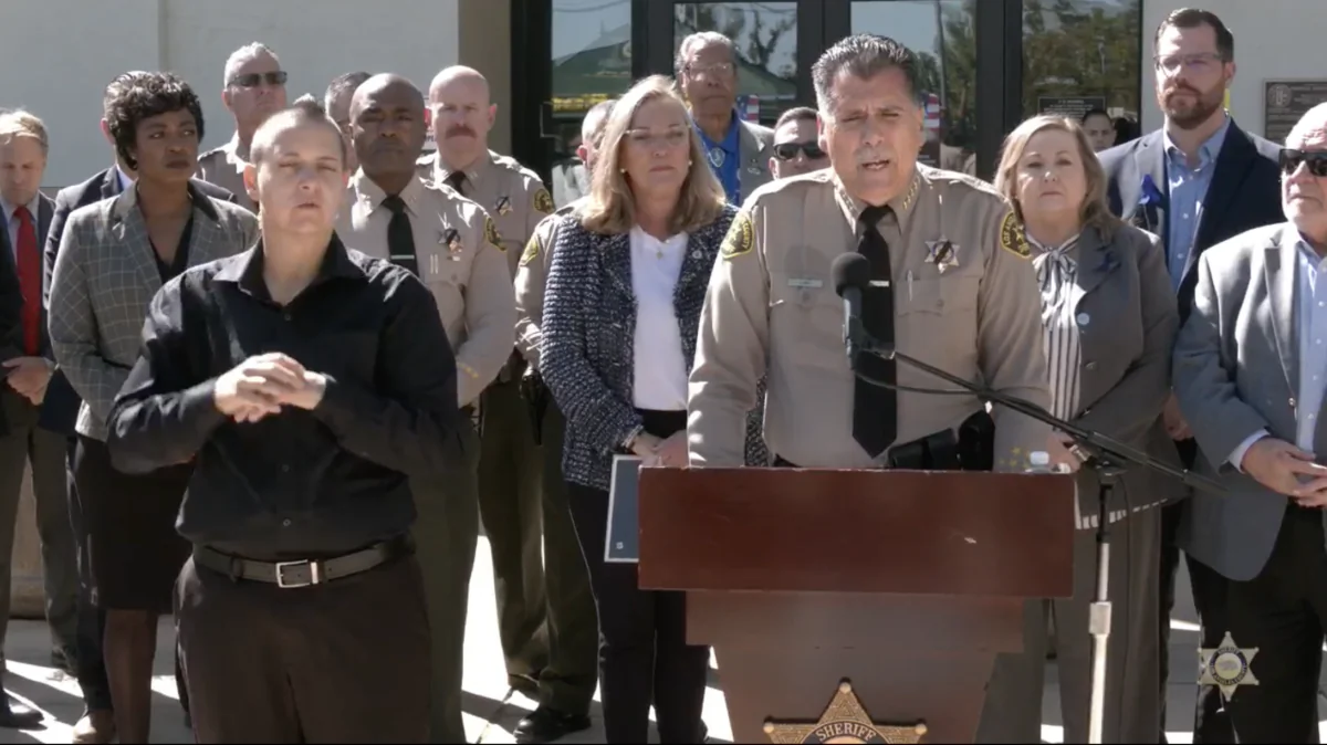 Los Angeles County Sheriff Robert Luna speaks at a news conference, where he announces the arrest of a suspect for the murder of deputy Ryan Clinkunbroomer, outside the Palmdale Sheriff's Station in Palmdale, Calif., on Sept. 18, 2023. (Facebook/Screenshot via The Epoch Times)