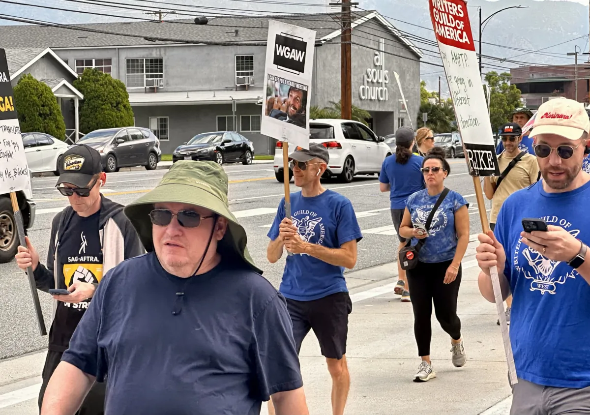 Hollywood actors and writers picketed outside major studios again this week as strikes continued in Burbank, Calif., on Sept 18, 2023. The Writers Guild of America expects to return to contract negotiations Wednesday with major studios and streaming services. (Jill McLaughlin/The Epoch Times)