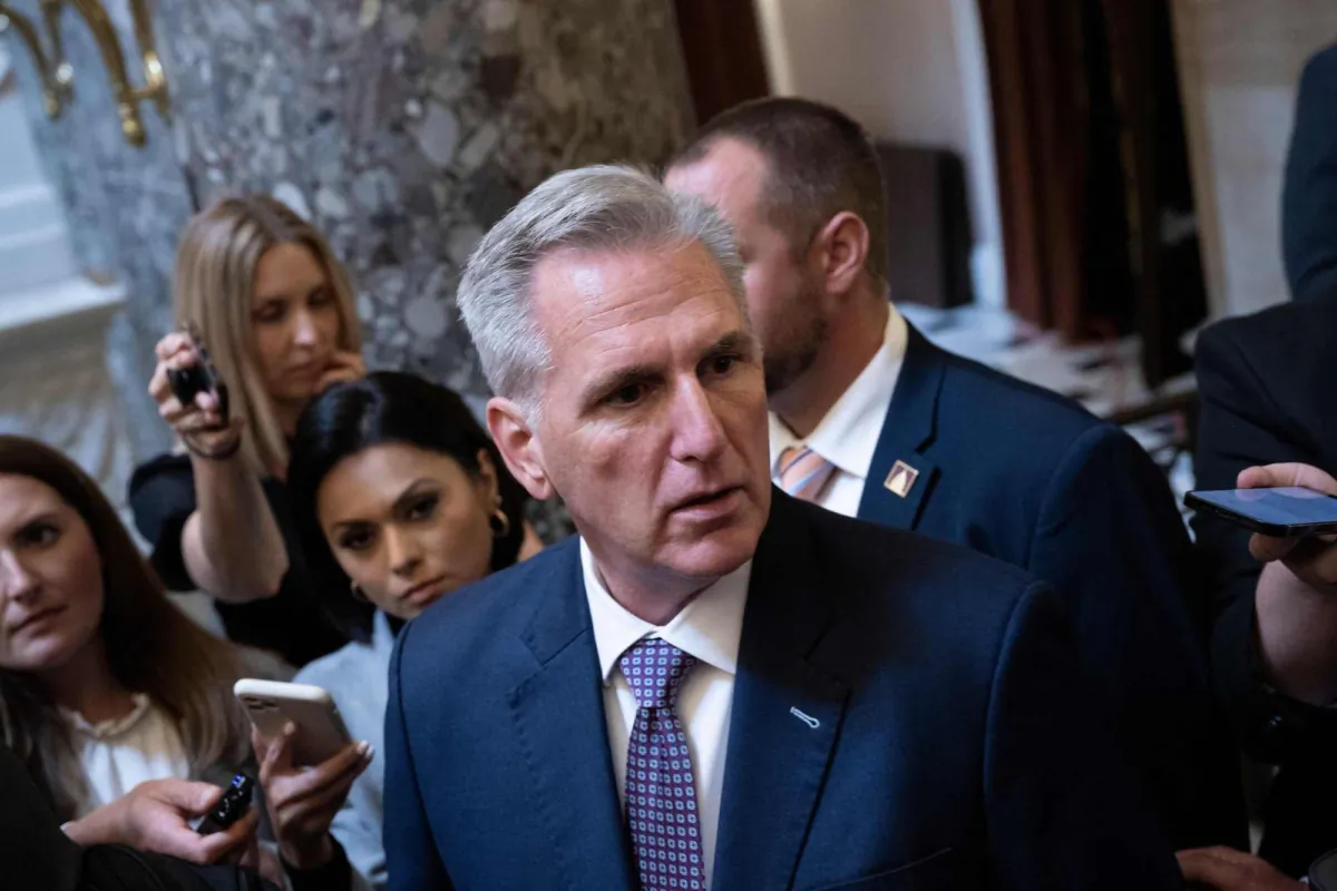 U.S. House Speaker Kevin McCarthy (R-Calif.) speaks to members of the media while walking through Statuary Hall at the U.S. Capitol in Washington on Sept. 18, 2023. (Brendan Smialowski/AFP via Getty Images)