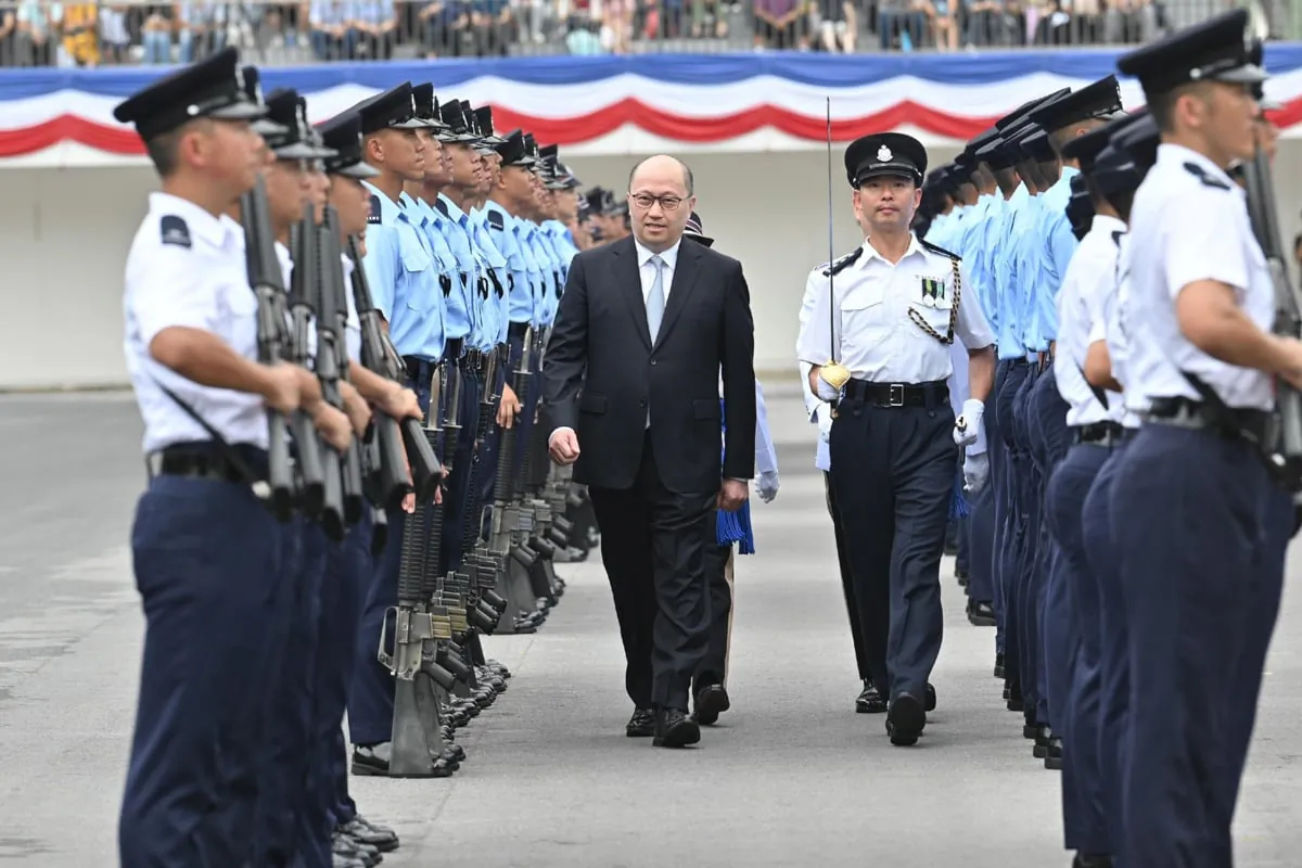 Zheng Yanxiong, Director of the Liaison Office, was the reviewing officer at the Hong Kong Police College graduation ceremony on Sept. 16, 2023. (Provided by the Information Services Department)