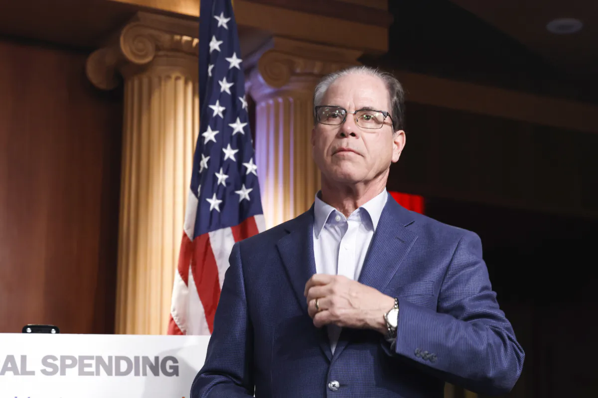 Sen. Mike Braun (R-Ind.) listens during a news conference at the U.S. Capitol Building in Washington on Jan. 25, 2023. (Anna Moneymaker/Getty Images)