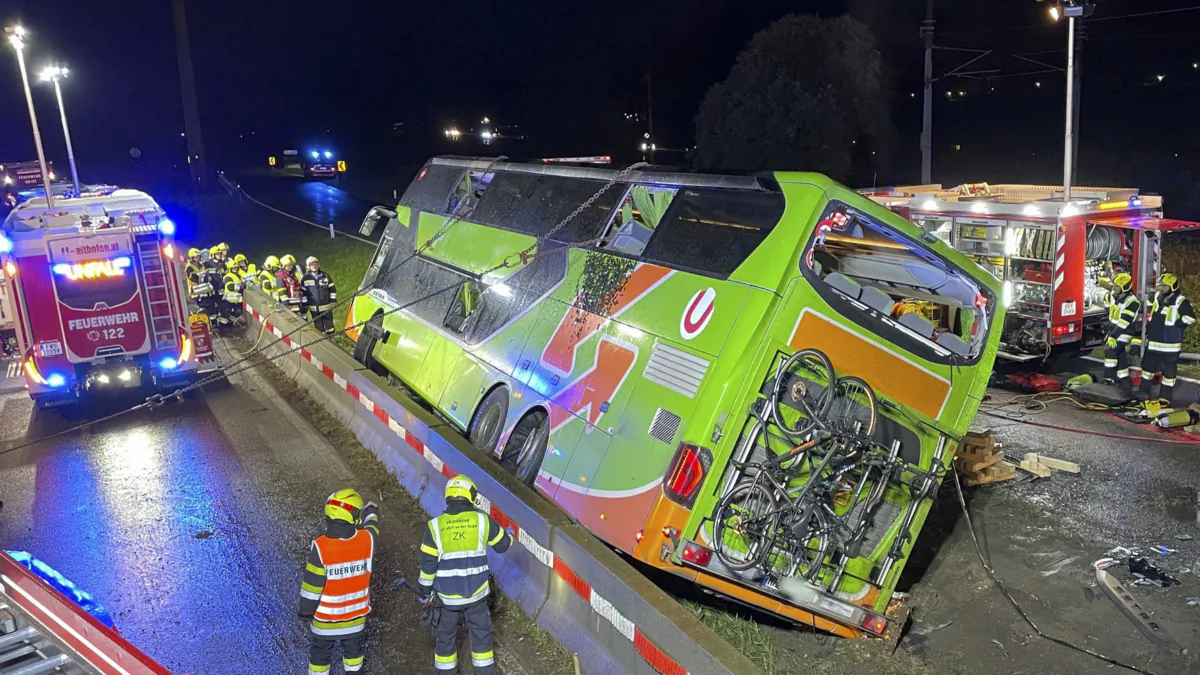 General view of the scene of a bus accident in Micheldorf, Austria, on Sept. 19, 2023. (FF-Althofen.AT via AP)