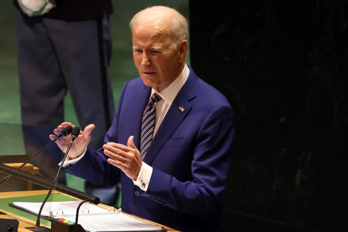President Joe Biden addresses world leaders during the United Nations (UN) General Assembly in New York City, on Sept. 19, 2023. (Spencer Platt/Getty Images)