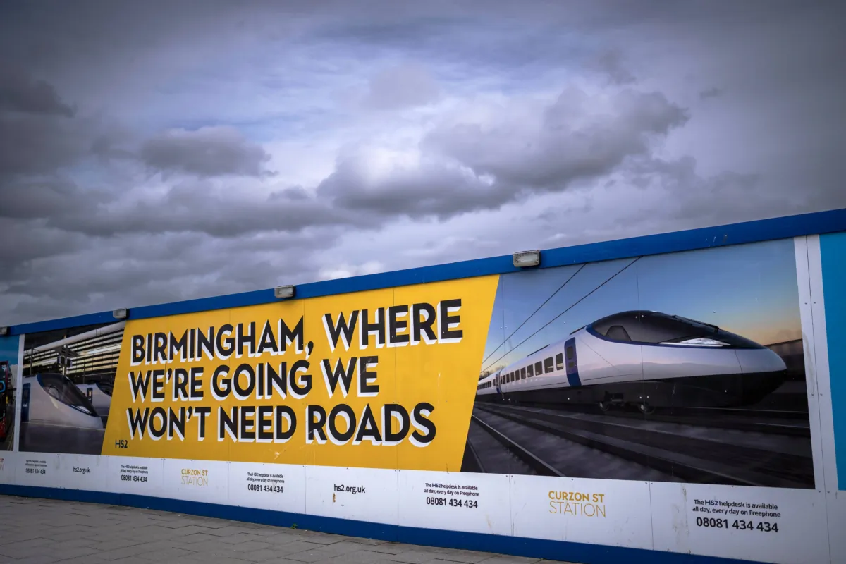 Hoardings surround the site of the Birmingham High Speed Rail 2 station construction site at Curzon Street in Birmingham, England, on March 22, 2023. (Christopher Furlong/Getty Images)