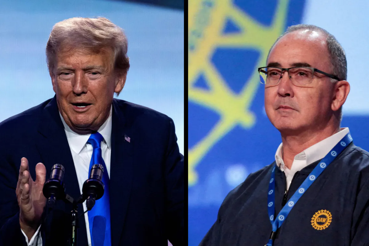 (Left) Former President Donald Trump (ANDREW CABALLERO-REYNOLDS/AFP via Getty Images) / (Right) United Auto Workers President Shawn Fain. (REUTERS/Rebecca Cook/File Photo)