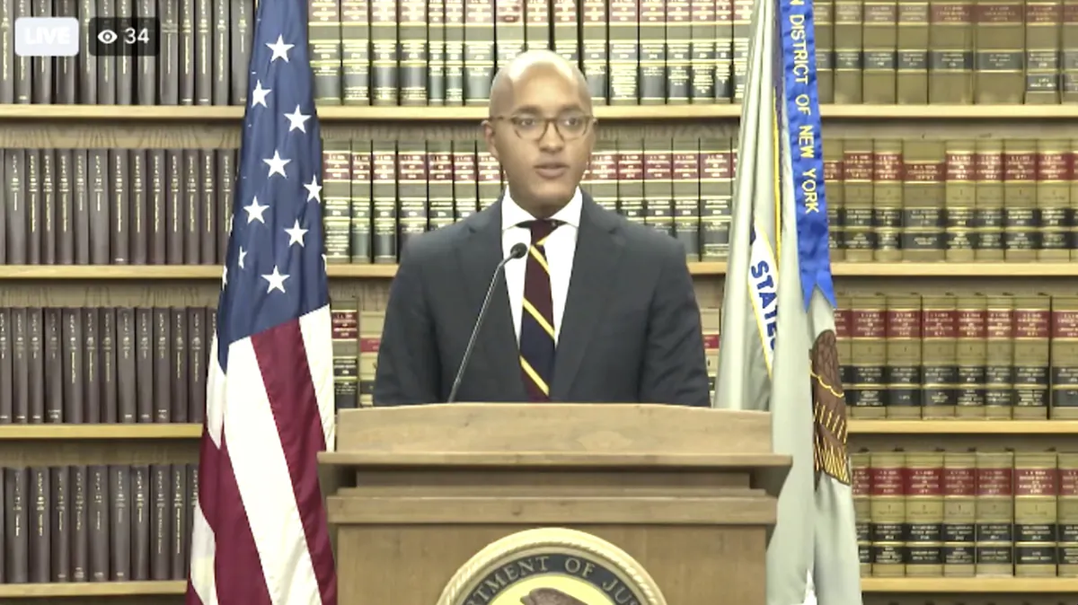U.S. Attorney for the Southern District of New York Damien Williams speaks at a press conference in New York on Sept. 19, 2023, in a still from video. (Courtesy of SDNY/Screenshot via The Epoch Times)