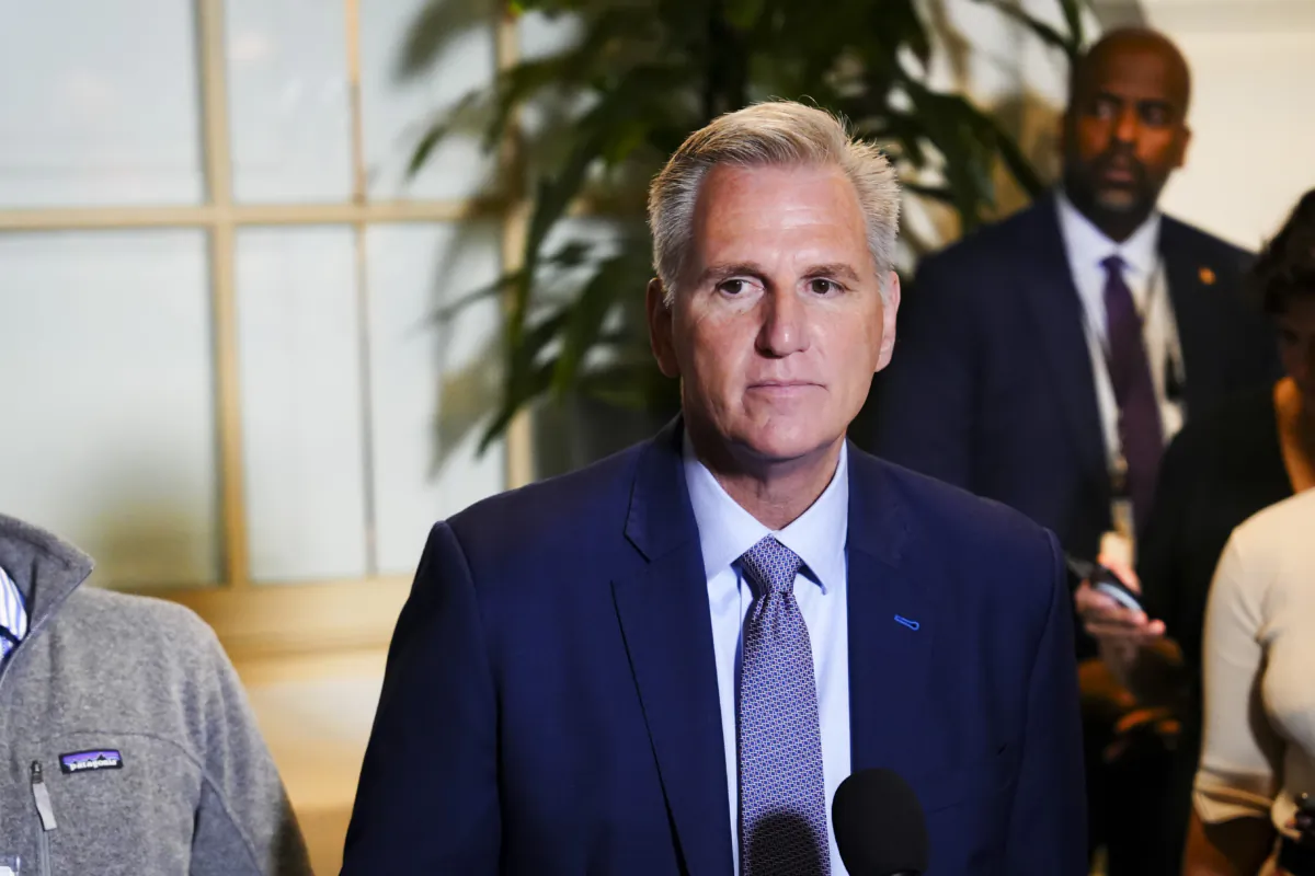 House Speaker Kevin McCarthy (R-Calif.) speaks with reporters on Capitol Hill in Washington on Sept. 19, 2023. (Madalina Vasiliu/The Epoch Times)