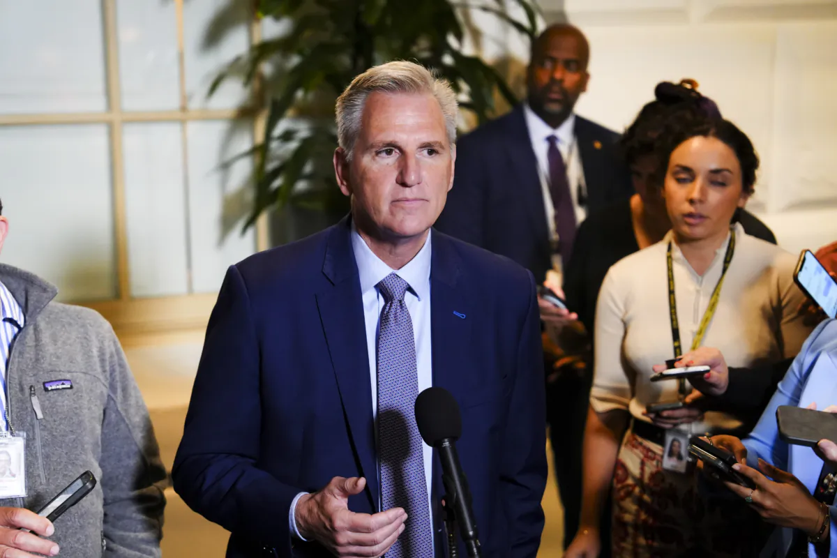 House Speaker Kevin McCarthy (R-Calif.) speaks with reporters on Capitol Hill in Washington on Sept. 19, 2023. (Madalina Vasiliu/The Epoch Times)