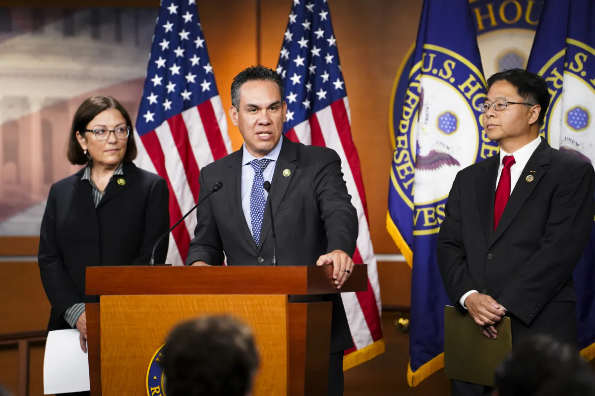 Rep. Suzan DelBene (D-Wash.) (L), Chair of House Democratic Caucus Rep. Pete Aguilar (D-Calif.) (C), and Vice-Chair Rep. Ted Lieu (D-Calif.) (R) speak to reporters during a press conference in Congress in Washington on Sept. 19, 2023. (Madalina Vasiliu/The Epoch Times)