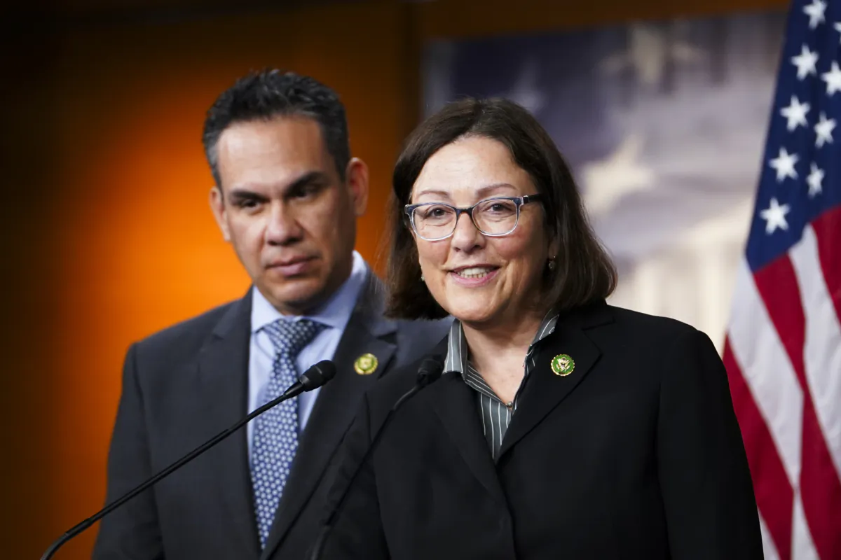 Rep. Suzan DelBene (D-Wash.), chair of the Democratic Congressional Campaign Committee, speaks to reporters at a news conference on Capitol Hill in Washington on Sept. 19, 2023. (Madalina Vasiliu/The Epoch Times)