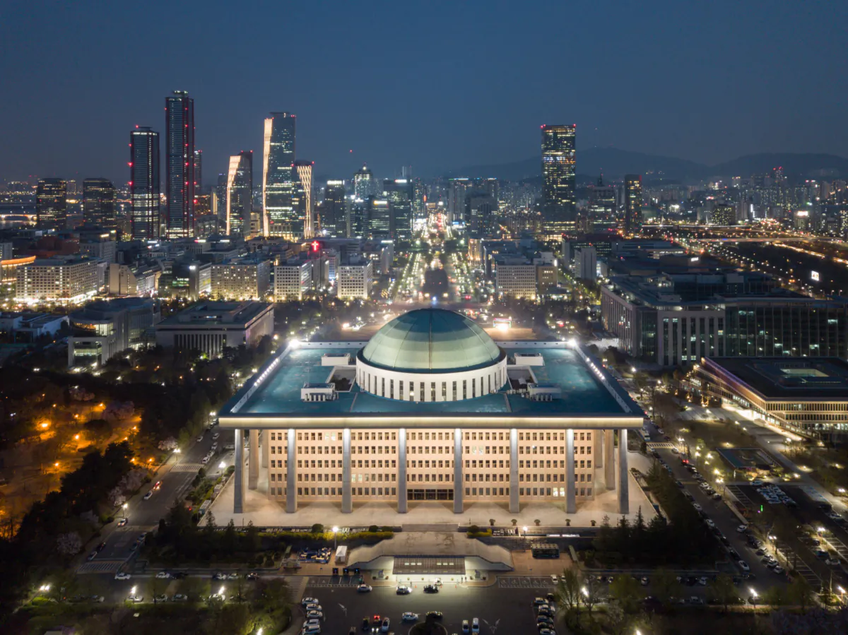 South Korea's National Assembly building in the Yeouido district of Seoul, on April 15, 2020. (Ed Jones / AFP via Getty Images)