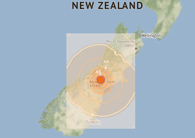 Shaking map of the magnitude 6 earthquake that hit South Island, New Zealand, on Sept 20, 2023. (GeoNet/CC BY 3.0 NZ)