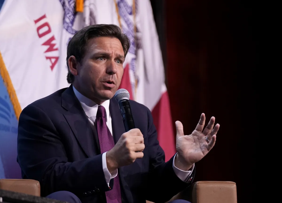Republican presidential candidate and Florida Gov. Ron DeSantis speaks at the Iowa Faith and Freedom Coalition's fall banquet in Des Moines, Iowa, on Sept. 16, 2023. (Bryon Houlgrave/AP Photo)