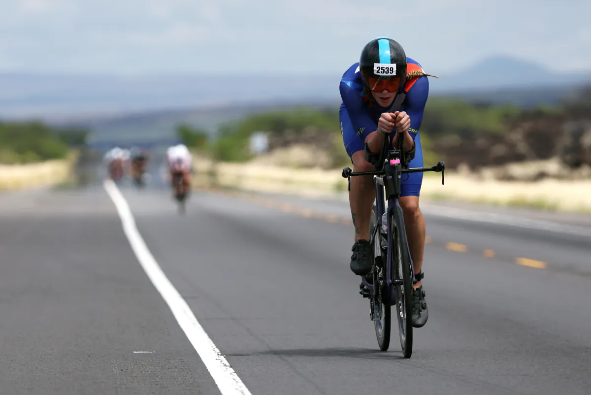 Noel Mulkey competes on the bike during the Ironman World Championships in Kailua Kona, Hawaii, on Oct. 6, 2022. (Tom Pennington/Getty Images for IRONMAN)