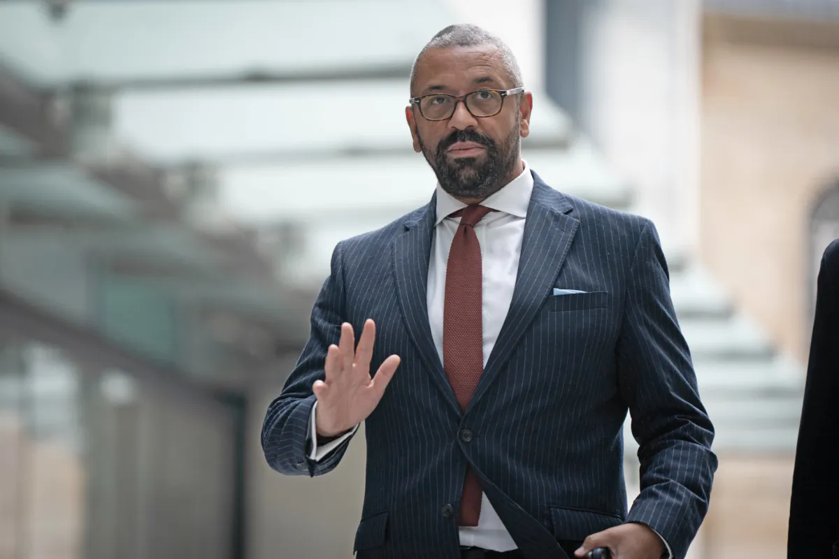 Foreign Secretary James Cleverly arrives at BBC Broadcasting House in London on Sept. 17, 2023. (James Manning/PA)