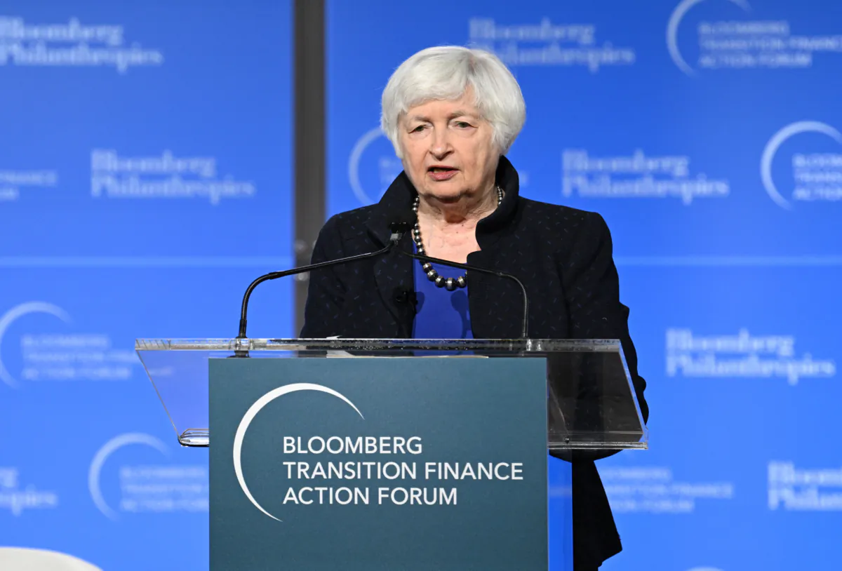 Janet Yellen, secretary of the U.S. Treasury, speaks onstage during The Bloomberg Transition Finance Action Forum at The Plaza Hotel in New York on Sept. 19, 2023. (Bryan Bedder/Getty Images for Bloomberg Philanthropies)