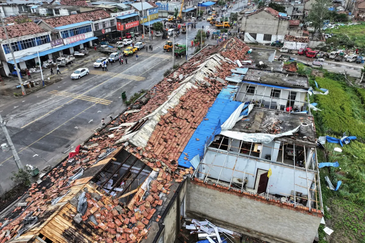 Damaged buildings after a tornado hit the city of Suqian, in China's eastern Jiangsu province on Sept. 20, 2023.  (STR/AFP via Getty Images)