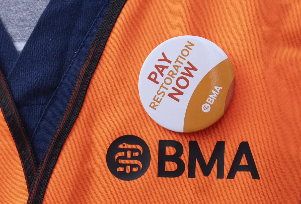 Junior doctor and members of the British Medical Association (BMA) on the picket line outside Leeds General Infirmary on July 13, 2023. (Danny Lawson/PA)