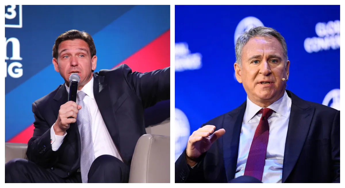 Florida Gov. Ron DeSantis and Citadel founder Ken Griffin in file photos. (Justin Kase for The Epoch Times; Patrick T. Fallon/AFP via Getty Images)