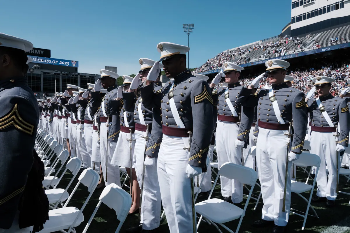Cadets walk into Michie Stadium during West Point's graduation ceremony in New York, on May 27, 2023. (Photo by Spencer Platt/Getty Images)