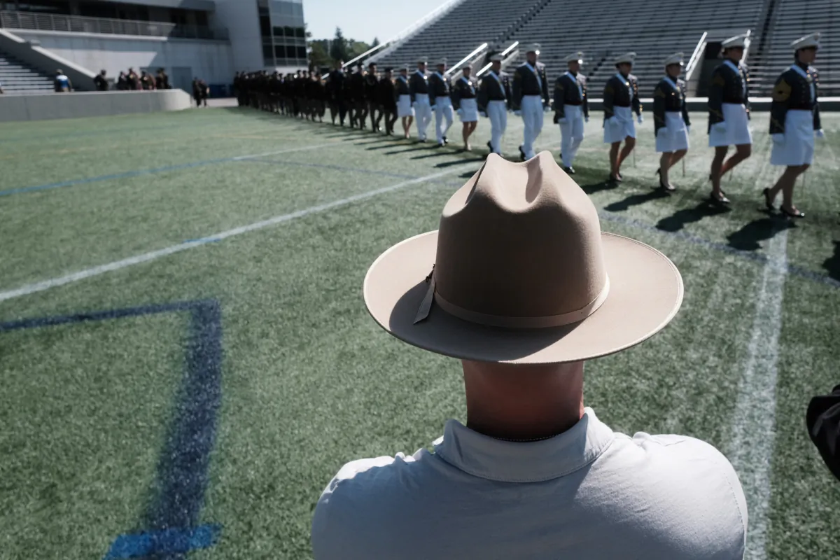 Cadets walk into Michie Stadium during West Point's graduation ceremony in West Point, N.Y., on May 27, 2023. (Spencer Platt/Getty Images)