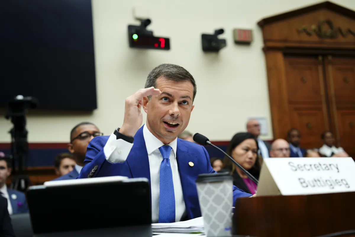 Secretary of Transportation Pete Buttigieg testifies before the House Transportation and Infrastructure Committee in Washington on Sept. 20, 2023. (Madalina Vasiliu/The Epoch Times)