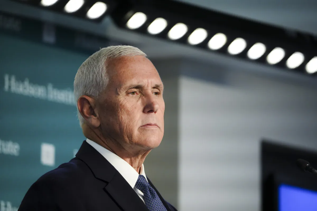 Republican presidential candidate and former Vice President Mike Pence speaks about foreign policy at the Hudson Institute in Washington, on Sept. 18, 2023. (Madalina Vasiliu/The Epoch Times)