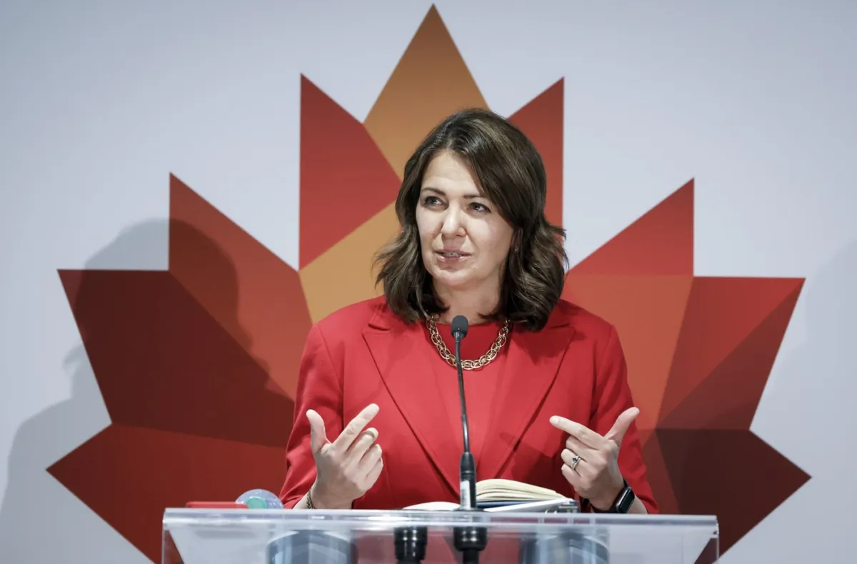 Alberta Premier Danielle Smith speaks to the media in Calgary on Sept. 18, 2023. (The Canadian Press/Jeff McIntosh)
