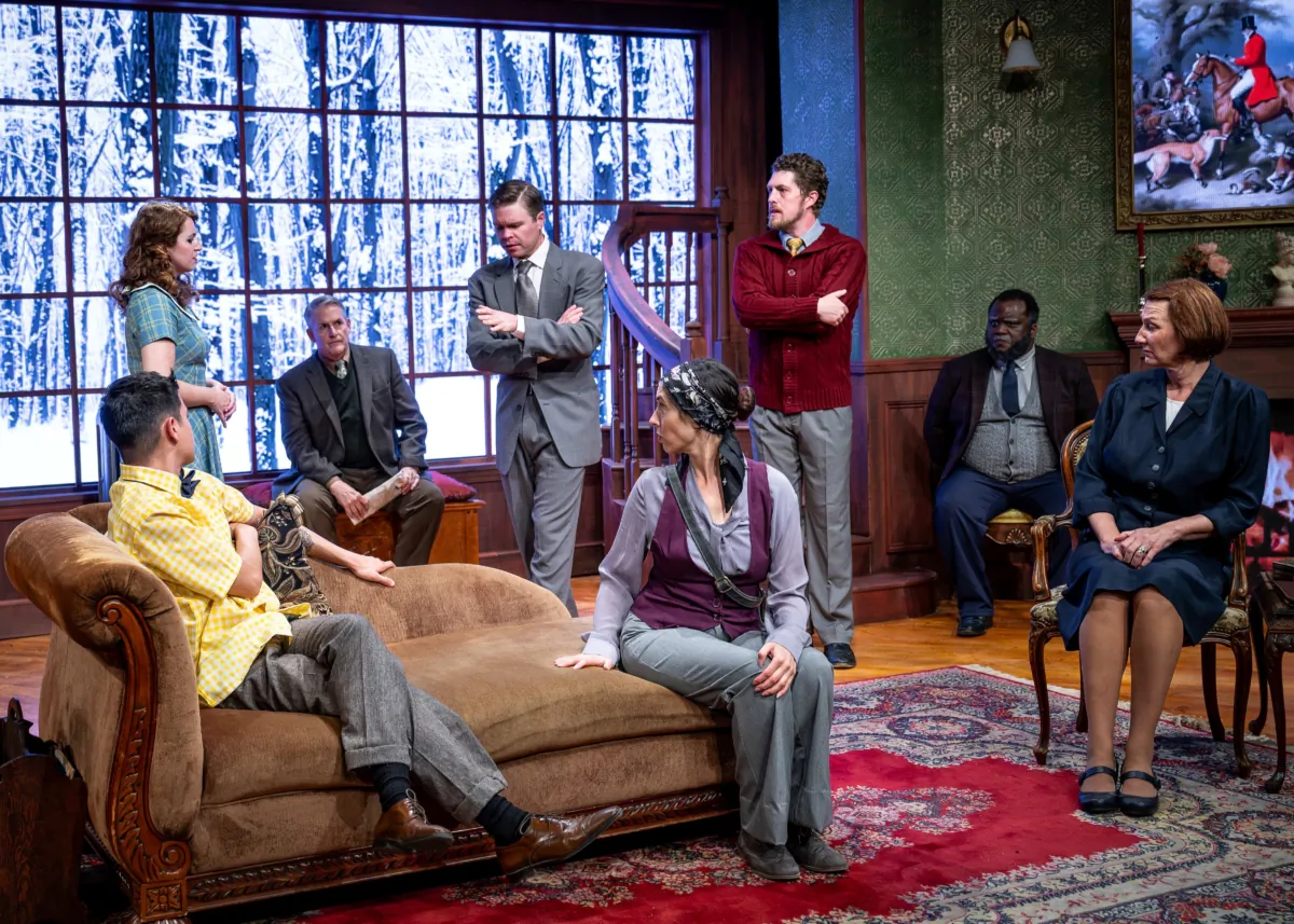 (L–R) Christopher Wren (Jesús Barajas), Mollie Ralston (Mary Margaret McCormack), Maj. Metcalf (William Ryder), Detective Sgt. Trotter (Sean Erik Wesslund), Miss Casewell (Amy Stricker), Giles Ralston (Jack Sharkey), Mr. Paravicinio (Reginald Hemphill), and Mrs. Boyle (Kristie Berger), in the Citadel Theatre's production of "The Mousetrap." (North Shore Camera Club)