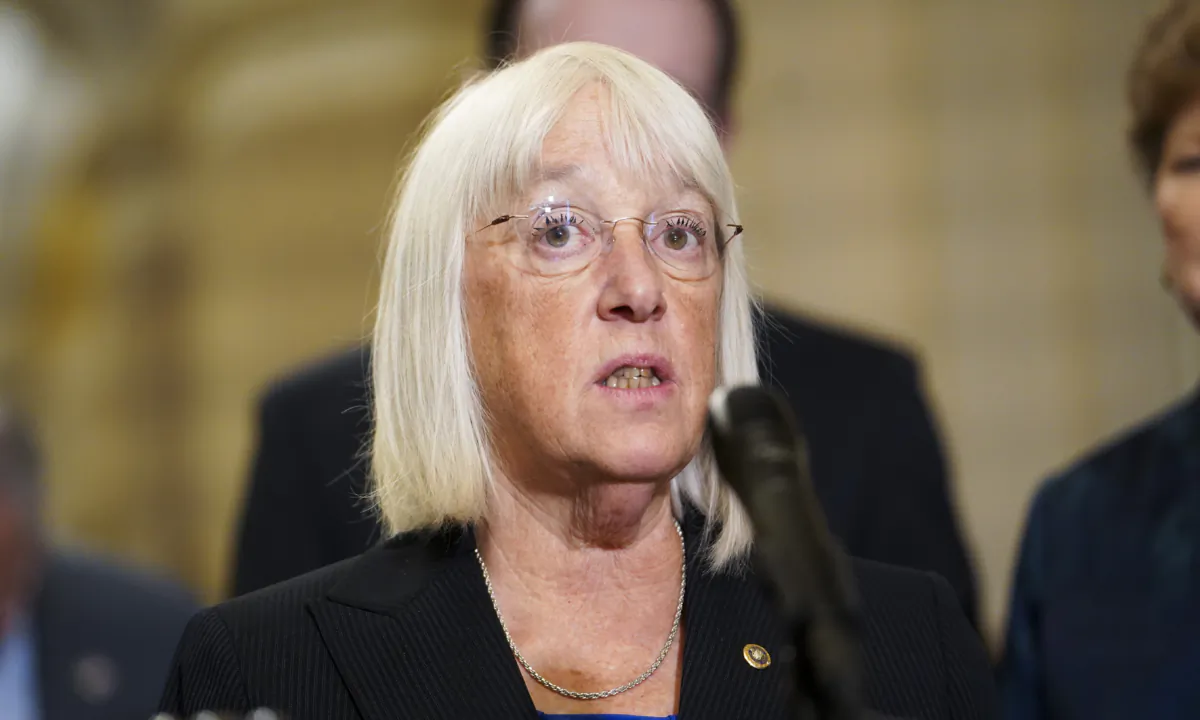 Sen. Patty Murray (D-Wash.) speaks during a press conference in Congress in Washington on Sept. 19, 2023. (Madalina Vasiliu/The Epoch Times)