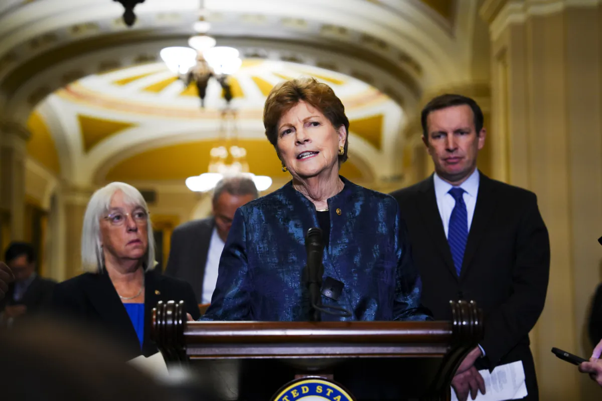 Sen. Jeanne Shaheen (D-N.H.) (C) speaks during a press conference in Congress in Washington on Sept. 19, 2023. (Madalina Vasiliu/The Epoch Times)