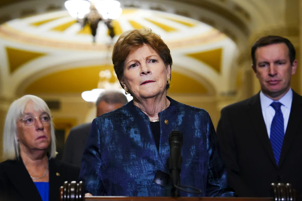 Sen. Jeanne Shaheen (D-N.H.) (C) speaks during a press conference in Congress in Washington on Sept. 19, 2023. (Madalina Vasiliu/The Epoch Times)