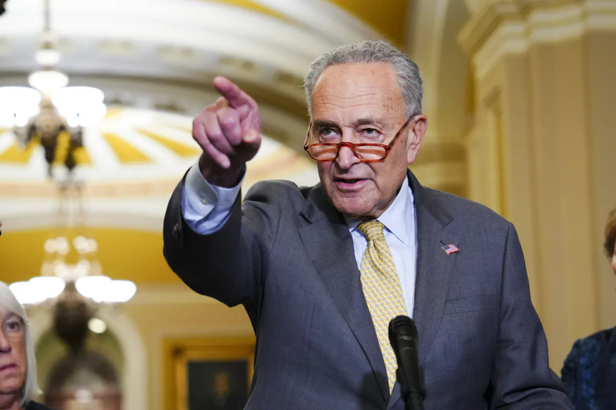 Sen. Charles Schumer (D-N.Y.) speaks with reporters during a press conference in Congress in Washington on Sept. 19, 2023. (Madalina Vasiliu/The Epoch Times)