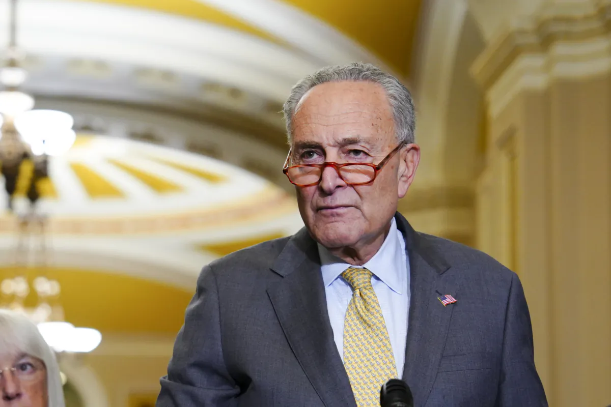 Sen. Charles Schumer (D-N.Y.) speaks with reporters during a press conference in Congress in Washington on Sept. 19, 2023. (Madalina Vasiliu/The Epoch Times)