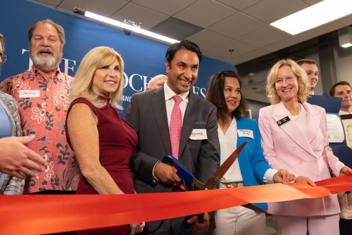 The Epoch Times Southern California edition's General Manager Siyamak Khorrami (C) prepares to cut the ceremonial ribbon at the grand opening of the newspaper's new office in Irvine, Calif., on Sept. 19, 2023. He was joined by local leaders including (L-R) former state Sen. John Moorlach, Assemblywoman Laurie Davies, Irvine Vice Mayor Tammy Kim, and Orange County Board of Education President Mari Barke. (John Fredricks/The Epoch Times)
