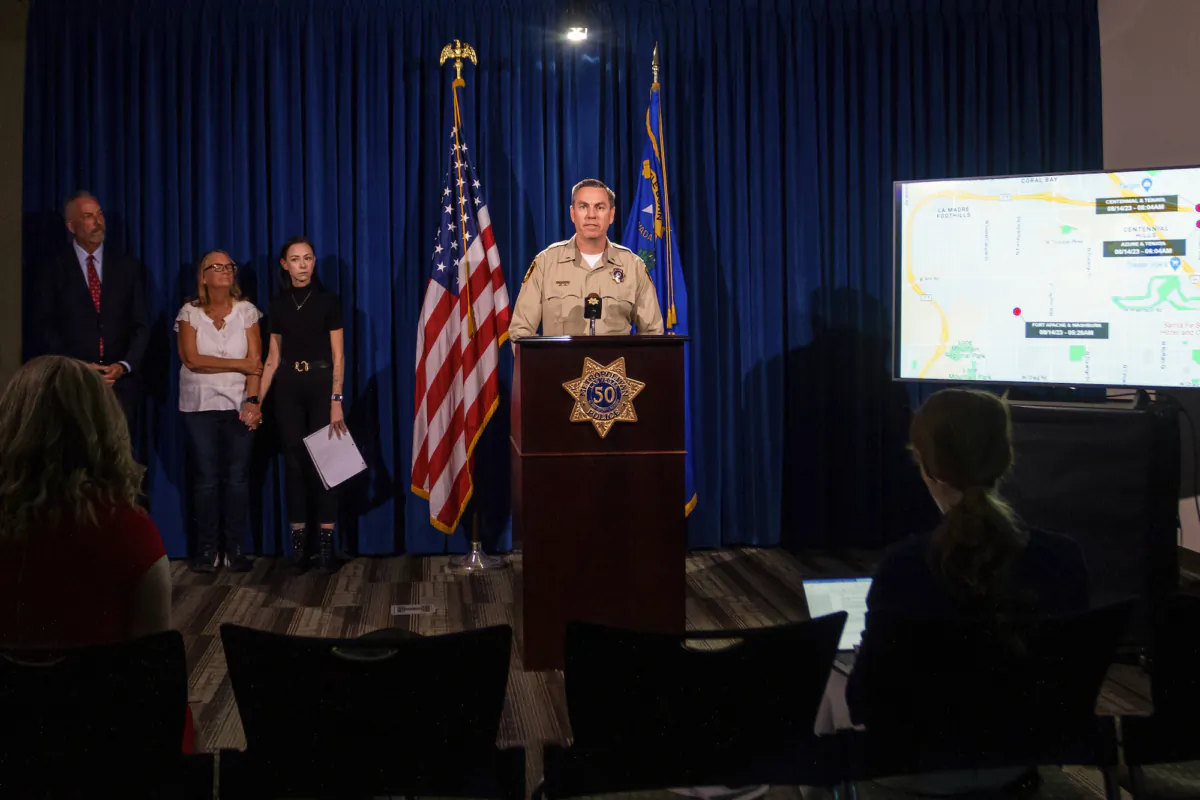 Las Vegas police Lt. Jason Johansson speaks during a news conference in Las Vegas on Sept. 19, 2023. (Ty ONeil/AP Photo)