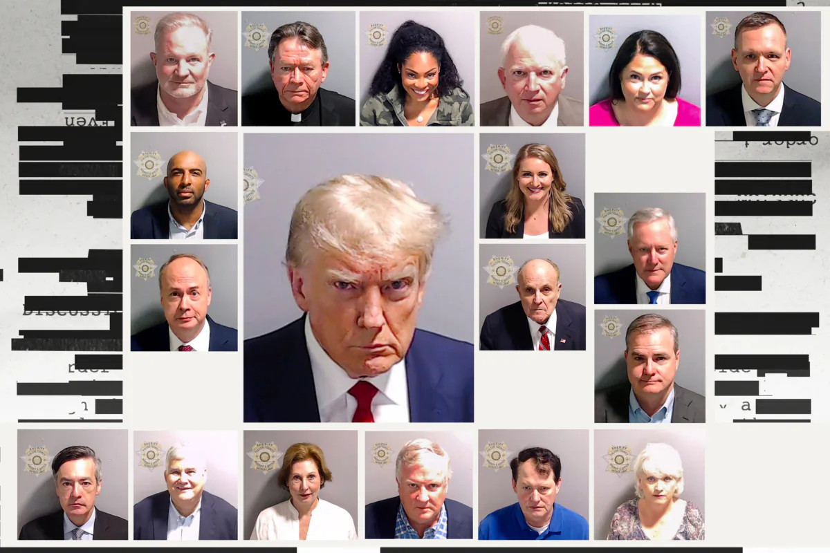 Former President Donald Trump and 18 others charged for their efforts to challenge the 2020 election results by Fulton County District Attorney Fani Willis. (Illustration by The Epoch Times, Getty Images, Shutterstock)