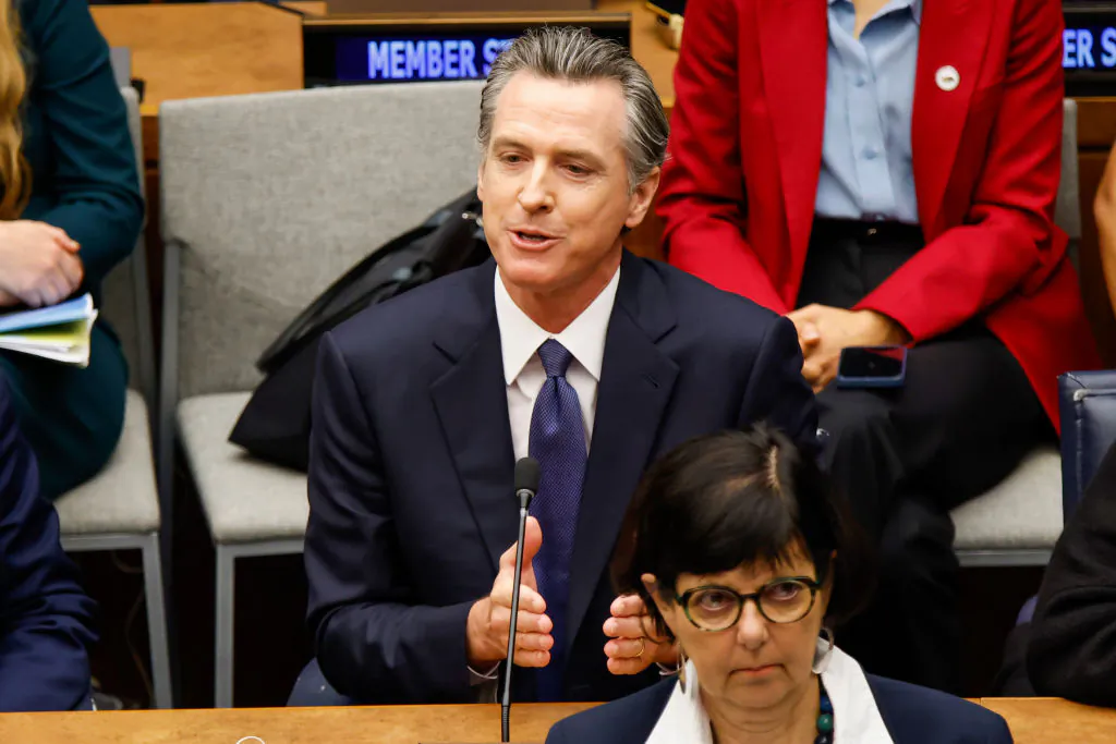 California Gov. Gavin Newsom speaks as he attends the Climate Ambition Summit at the United Nations Headquarters in New York, on Sept. 20, 2023. The event, held during Climate Week NYC and the UN General Assembly, seeks to gather support for global agreements aimed at phasing out the use of fossil fuels. (Kena Betancur/Getty Images)