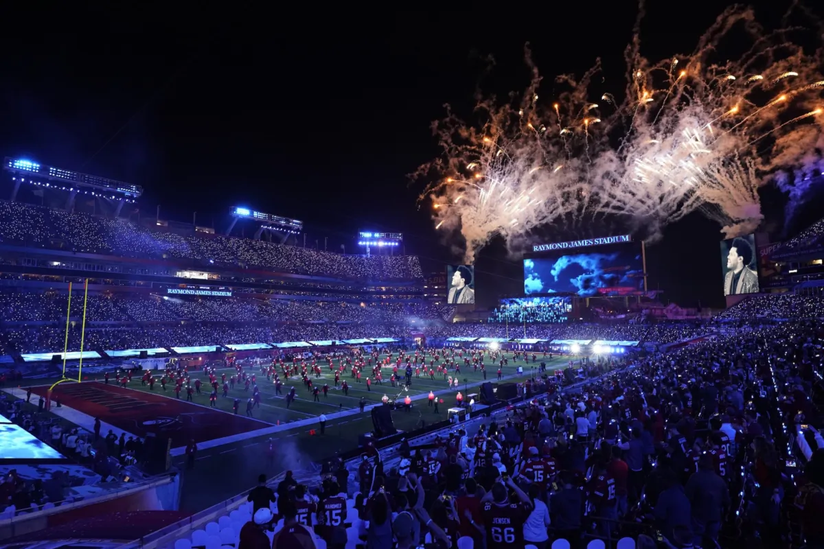 The Weekend performs in front of fans during the halftime show for Super Bowl 55 in Tampa on Sunday February, 7, 2021 in Tampa, Florida. (Martha Asencio Rhine/Tampa Bay Times/TNS)